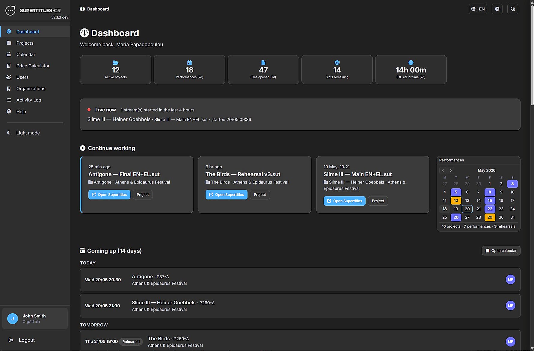 SuperTitles platform dashboard